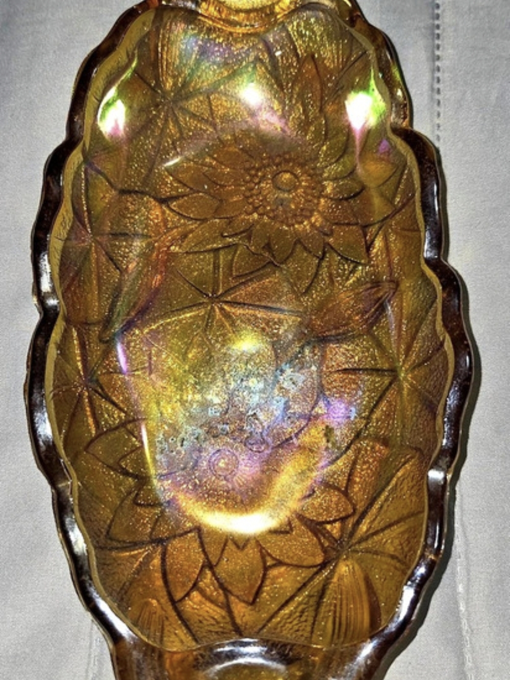 Indiana Glass Sunflower Marigold Carnival Glass Oval Handled Dish